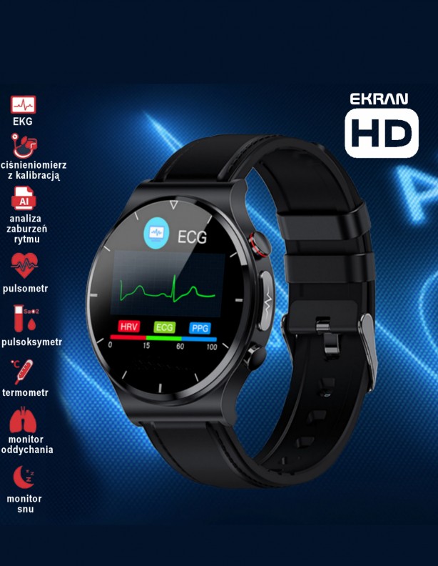 Zegarek EKG V70HD Kenys z czarnym paskiem skórzanym i monitorem zaburzeń rytmu