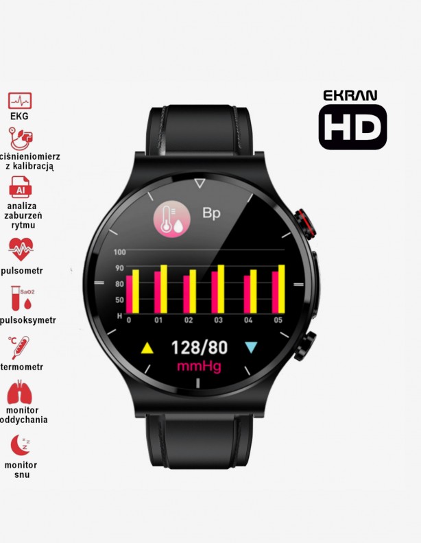 Zegarek EKG V70HD Kenys z czarnym paskiem skórzanym i monitorem zaburzeń rytmu