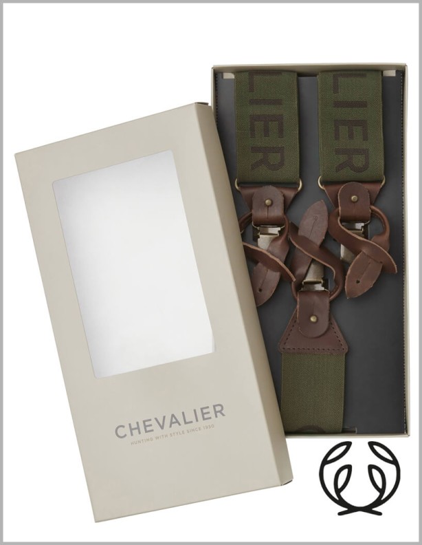 Chevalier Logo Suspenders green button and frog suspenders