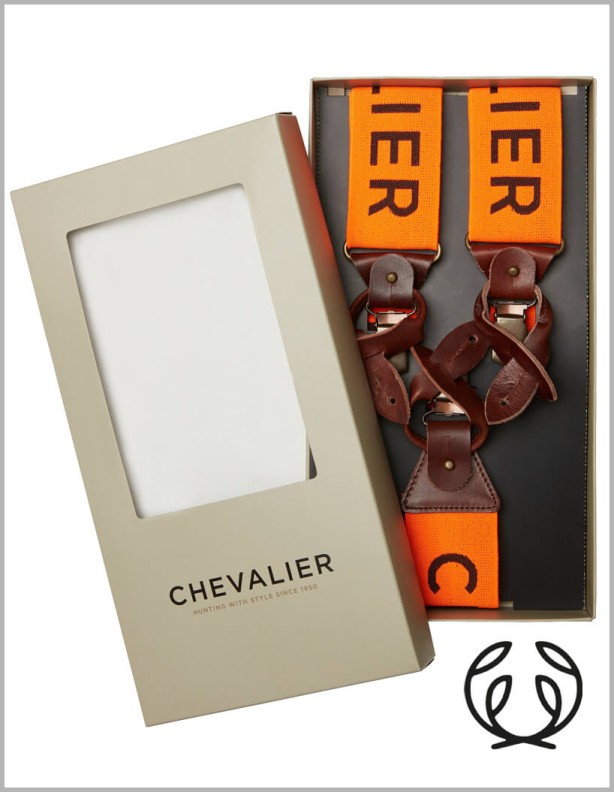 Chevalier Logo Suspenders orange Button and frog suspenders