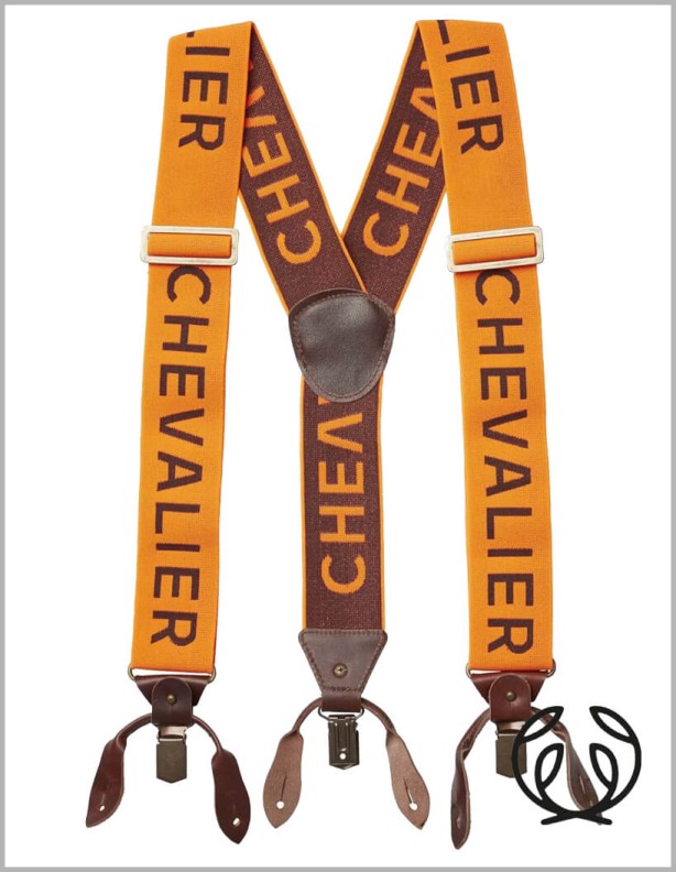 Chevalier Logo Suspenders orange Button and frog suspenders