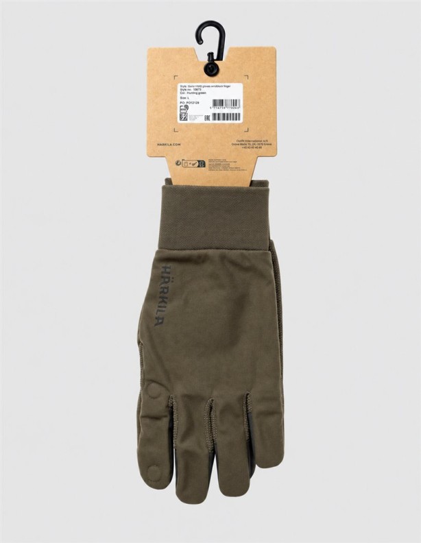 Härkila Garor HWS-Handschuhe – Verpackung von der Etikettenseite aus gesehen.
