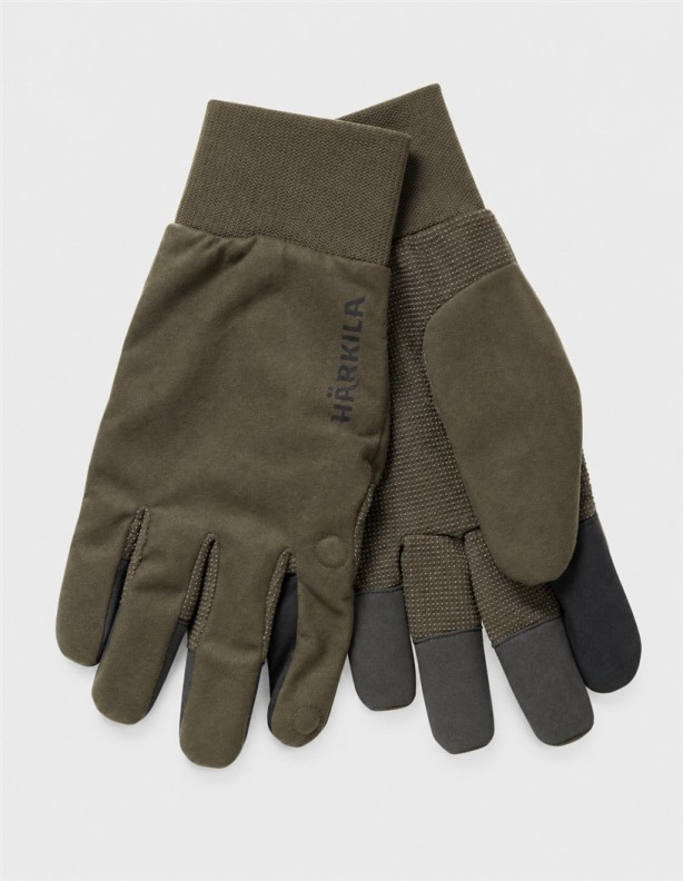 A pair of Härkila Garor HWS Hunting Green gloves—the outer and inner sides.