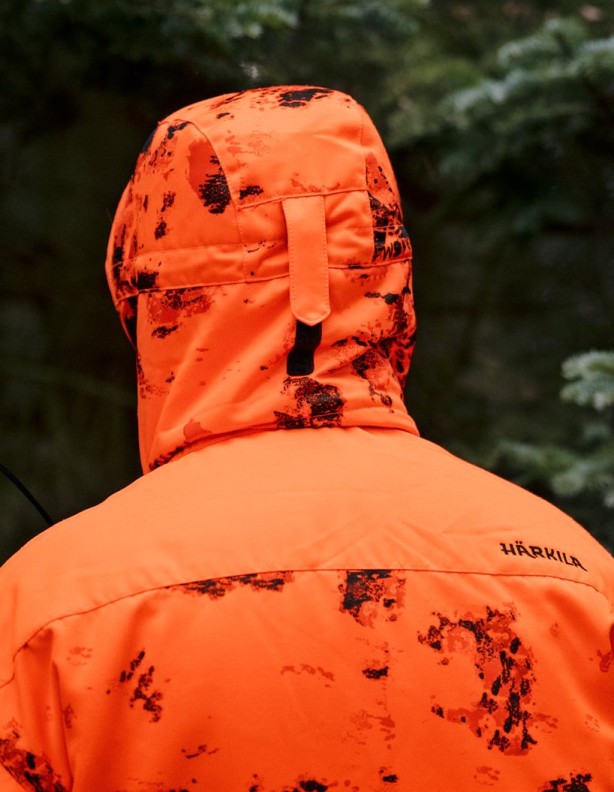 Harkila Wildboar Pro Blaze Camo Jacket - the back of the jacket with the hood up.