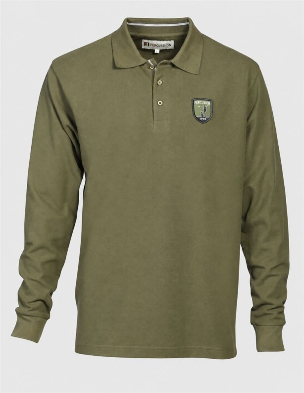 Koszulka polo Percussion 15243 khaki z długim rękawem i haftowanym emblematem - widok z przodu