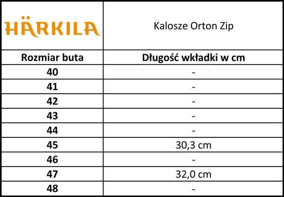 Tabela rozmiarów kalosze Orton Zip Harkila