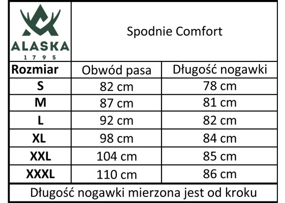 Tabela rozmiarów spodnie Comfort Alaska